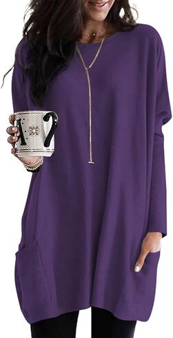 Poetsky Fall Womens Tunic or Tops to Wear with Leggings Long Sleeve Casual Long Shirts Blouses with Pockets in Saudi Arabia