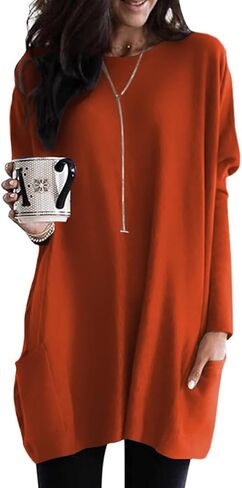 Poetsky Fall Womens Tunic or Tops to Wear with Leggings Long Sleeve Casual Long Shirts Blouses with Pockets in Saudi Arabia