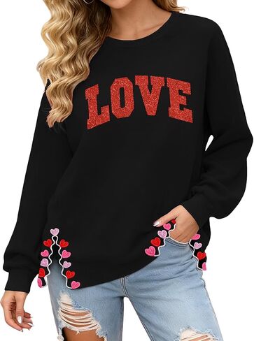 PECHAR Valentine Sweatshirts Women Love Valentines Shirts Embroidered Crewneck Long Sleeve Tops With Side Heart Applique in Saudi Arabia