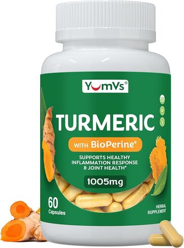 مكمل الكركمين YUM-Vs بالفلفل الأسود - مصنوع من مستخلص 100 مجم + 900 مجم من الكركم العضوي الخام - مكمل لصحة المفاصل وحركتها - غير معدل وراثيًا، خالي من الغلوتين، نباتي (60 كبسولة) in Kuwait