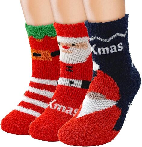 72-Needle Festive Christmas Fuzzy Socks for Women – 3 Pairs 3X Thicker Ultra Cozy Warm Plush Crew Socks, Jolly Santa & Elf Designs for Holiday Winter Gifts in Saudi Arabia