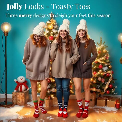 72-Needle Festive Christmas Fuzzy Socks for Women – 3 Pairs 3X Thicker Ultra Cozy Warm Plush Crew Socks, Jolly Santa & Elf Designs for Holiday Winter Gifts in Saudi Arabia