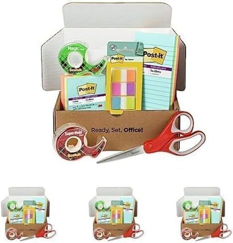 Scotch and Post-it Brand Office Essentials Kit, Business and Teacher Supplies Set with Post-it Super Sticky Notes, Scotch Super Hold Tape, Scotch Magic Tape, Post-it Flags, Sharp Scissors for Office in Kuwait