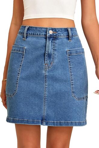 Sidefeel Women's Jean Skirt High Waisted Stretchy Casual Denim Above Knee Skirts with Patch Pockets in Saudi Arabia