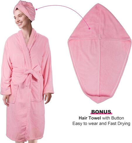 UNIMEIX Microfiber Womens Robes with Hair Drying Towel, Soft Coral Fleece Bathrobe for Women Cozy Premium Warm Long Spa Robe in Saudi Arabia