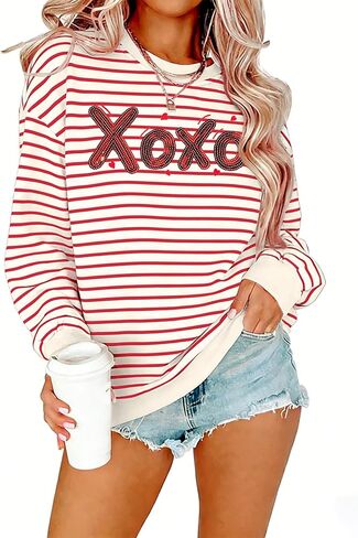 FASHGL Valentines Sweatshirt Women Love Heart Print Shirt Valentine Sweater Casual Striped Pullover Blouse Long Sleeve Top in Saudi Arabia
