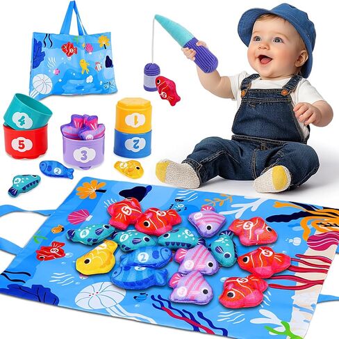 Montessori Toys for 1 Year Old: Cloth Fishing Game Baby Toys 6-12 12-18 Months with Stacking Cups - Sorting Learning Toddler Toys Age 1-2 - Babies First Birthday Gifts for 1 2 3 Year Boy Girl in Saudi Arabia