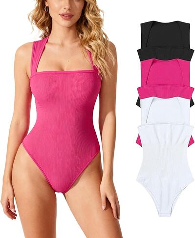 3-piece Bodysuits Shapewear For Women, Sexy Casual Ribbed Halter Square-neck Sleeveless Tight Fit Top, Abdominal Controller in Saudi Arabia