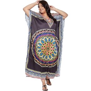 فستان قفطان طويل حريري حريمي من Oussum مقاس كبير فساتين قفطان ناعمة للشاطئ من الساتين ملابس سباحة لتغطية فستان طويل in Kuwait