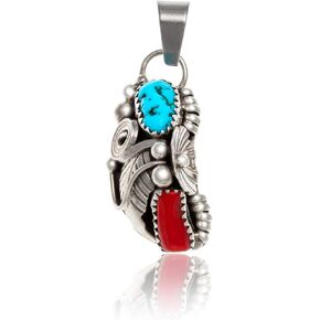 $230Tag Flower Silver Certified Navajo Native Natural Turquoise Coral Pendant 26211-1 Made By Loma Siiva in Saudi Arabia