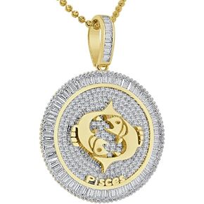 VVS1/D 4.55 Ctw. 14k Solid Yellow Gold Bonded Baguette/Round Cut Lab Grown Diamonds Zodiac Lucky Birth Sign Symbol Astrology Horoscope Pendant Charm Chain Neckless Set Unisex in Kuwait