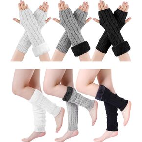 Shihanee 6 Pairs Winter Fleece Lined Leg and Arm Warmers Set for Women Long Fleece Lined Cable Knit Arm Gloves Warmers Winter Thermal Accessory for Skating Outdoor Daily Wear in Kuwait