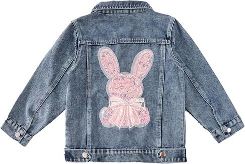 Girls Denim Jacket - Bunny Embroidered Stretch Washed Jean Coat, Cute Long Sleeve Toddler Jacket in Saudi Arabia
