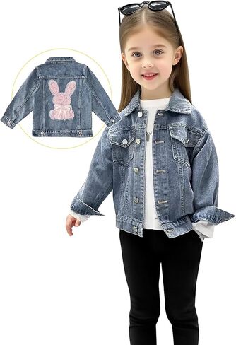 Girls Denim Jacket - Bunny Embroidered Stretch Washed Jean Coat, Cute Long Sleeve Toddler Jacket in Saudi Arabia