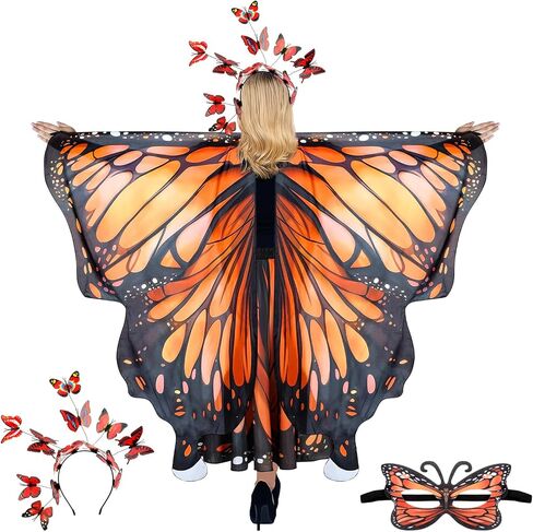 Butterfly Wings Shawl Costume Butterfly Wing Cape with Skirt Headband Mask Set for Women Halloween Party Dress up in Saudi Arabia