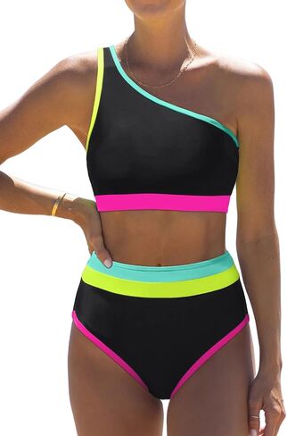 popvil Women's One Shoulder Swimsuit : Neon 2 Piece High Waisted Bikini Sets Cute 2026 Color Block Bathing Suit in Saudi Arabia