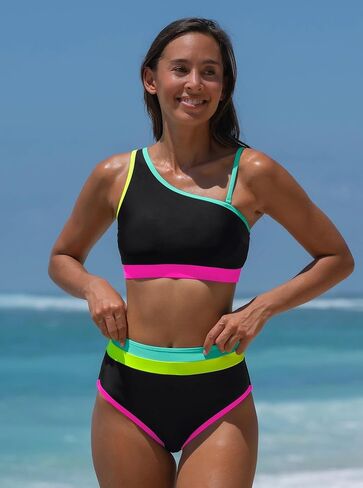 popvil Women's One Shoulder Swimsuit : Neon 2 Piece High Waisted Bikini Sets Cute 2026 Color Block Bathing Suit in Saudi Arabia