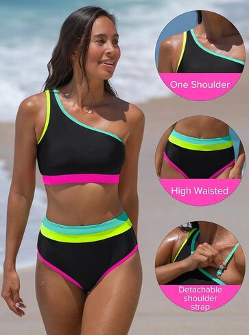 popvil Women's One Shoulder Swimsuit : Neon 2 Piece High Waisted Bikini Sets Cute 2026 Color Block Bathing Suit in Saudi Arabia