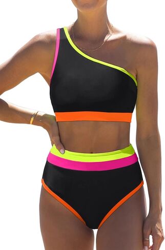 popvil Women's One Shoulder Swimsuit : Neon 2 Piece High Waisted Bikini Sets Cute 2026 Color Block Bathing Suit in Saudi Arabia