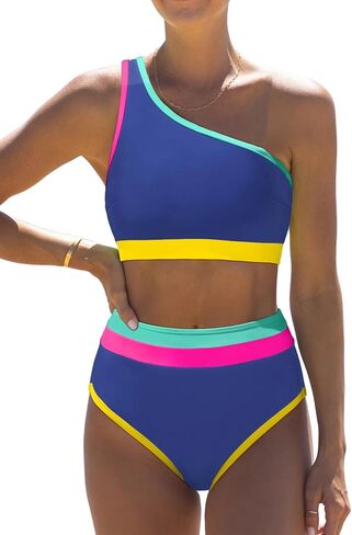 popvil Women's One Shoulder Swimsuit : Neon 2 Piece High Waisted Bikini Sets Cute 2026 Color Block Bathing Suit in Saudi Arabia