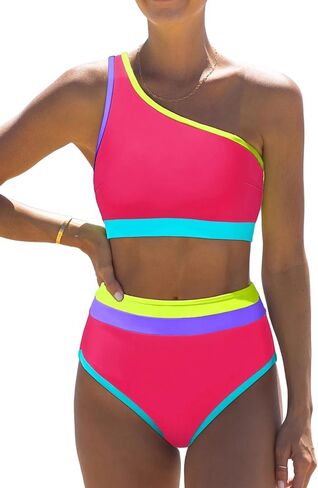 popvil Women's One Shoulder Swimsuit : Neon 2 Piece High Waisted Bikini Sets Cute 2026 Color Block Bathing Suit in Saudi Arabia
