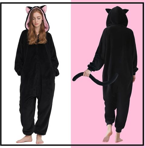 Cat Onesie with Hoodie Black Cute Cat Pajamas Animal Costume Halloween Outfit Adults Women Men in Saudi Arabia