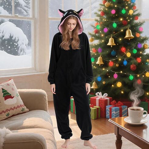 Cat Onesie with Hoodie Black Cute Cat Pajamas Animal Costume Halloween Outfit Adults Women Men in Saudi Arabia