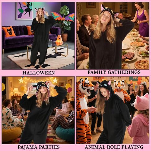 Cat Onesie with Hoodie Black Cute Cat Pajamas Animal Costume Halloween Outfit Adults Women Men in Saudi Arabia