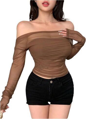 SHENHE Women's Mesh Off The Shoulder Top Sheer Long Sleeve Ruched Fitted Rave Concert Crop Shirt in Saudi Arabia