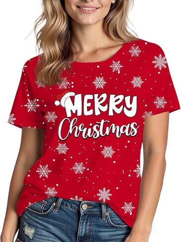 Christmas Shirts for Women: Merry Christmas Snowflake Tree Printed Short Sleeve Costumes Crewneck Casual Pattern T-Shirt in Saudi Arabia