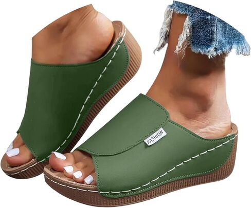 YOLAI Slippers with Arch Support for Women Comfortable Solid Color Breathable Orthotic Leather Platform Wedge Slip on Summer All Day Walking Casual Sandal for 2026 Orthopedic Shoes in Kuwait