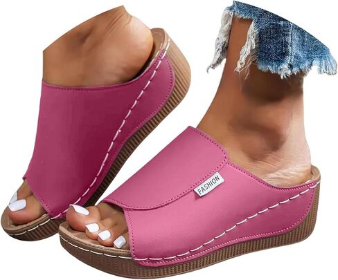 YOLAI Slippers with Arch Support for Women Comfortable Solid Color Breathable Orthotic Leather Platform Wedge Slip on Summer All Day Walking Casual Sandal for 2026 Orthopedic Shoes in Kuwait