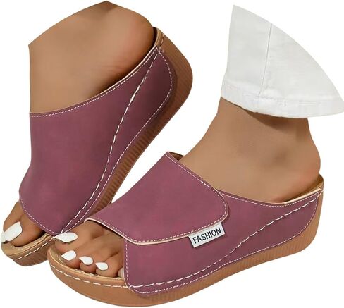 YOLAI Slippers with Arch Support for Women Comfortable Solid Color Breathable Orthotic Leather Platform Wedge Slip on Summer All Day Walking Casual Sandal for 2026 Orthopedic Shoes in Kuwait