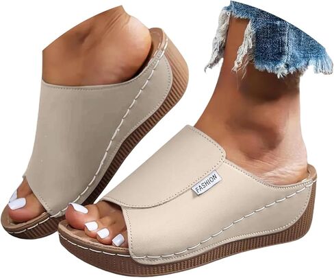 YOLAI Slippers with Arch Support for Women Comfortable Solid Color Breathable Orthotic Leather Platform Wedge Slip on Summer All Day Walking Casual Sandal for 2026 Orthopedic Shoes in Kuwait