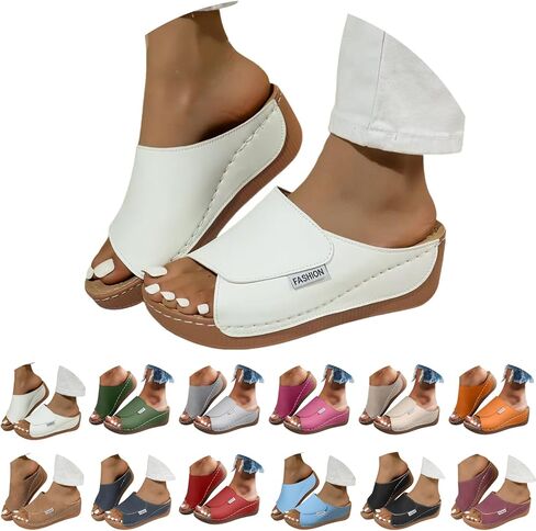 YOLAI Slippers with Arch Support for Women Comfortable Solid Color Breathable Orthotic Leather Platform Wedge Slip on Summer All Day Walking Casual Sandal for 2026 Orthopedic Shoes in Kuwait