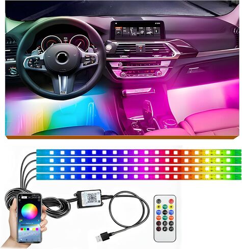 مصابيح LED RGB لشريط السيارة الداخلية، تحكم ذكي في التطبيق وتحكم مزدوج عن بعد، مجموعة إضاءة داخلية 12 فولت USB تحت لوحة القيادة Footwell Neon، وضع موسيقى متعدد الألوان ووضع DIY in Kuwait
