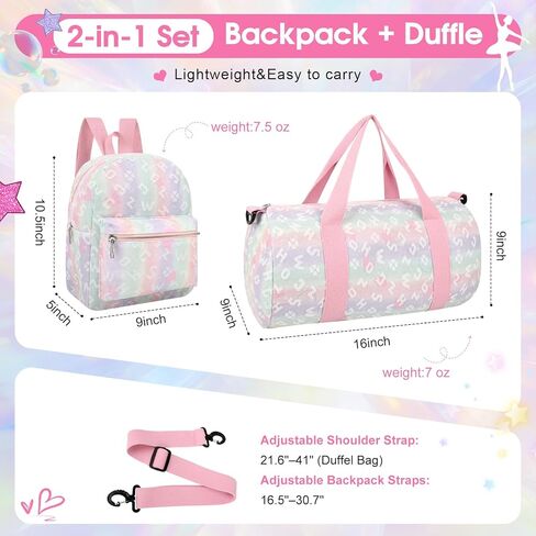 Dance Bag and BackPack Set for Girls, 2PCS Ballet Sport Gym Duffle Overnight Travel Cute Bags for Dancers, Girls, Teens, Student Athletes (Pink Rainbow) in Saudi Arabia
