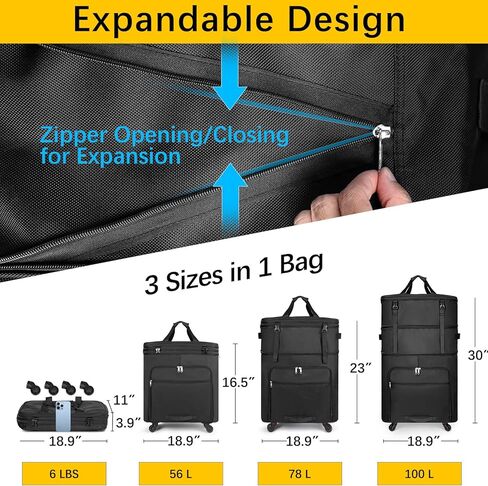 Foldable travel bag, Black travel bag, Expandable large capacity luggage bag, Rotatable luggage bag with wheels, Unisex in Saudi Arabia