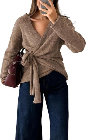 Watashi Women Casual V Neck Wrap Sweater Long Sleeve Cozy Self Tie Belted Knit Sweaters Fall Winter Outfits Cardigan in Saudi Arabia