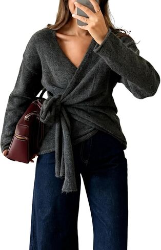 Watashi Women Casual V Neck Wrap Sweater Long Sleeve Cozy Self Tie Belted Knit Sweaters Fall Winter Outfits Cardigan in Saudi Arabia
