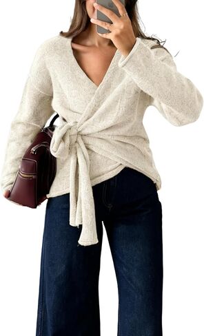 Watashi Women Casual V Neck Wrap Sweater Long Sleeve Cozy Self Tie Belted Knit Sweaters Fall Winter Outfits Cardigan in Saudi Arabia