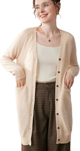 Womens Cashmere Merino Wool Blend V-Neck Long Cardigan Knit Open Front Button Down Sweater Lightweight Outerwear in Saudi Arabia