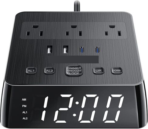 محطة شحن منبه رقمي مع شاشة LED، شاشة 5.3 بوصة، 4 منافذ USB و3 منافذ تيار متردد، واقي من زيادة التيار بقوة 1700 جول، شاشة قابلة لتعديل الضوء بأربعة مستويات، منبه مزدوج، قيلولة بعد الظهر، شريط طاقة منضدة in Kuwait