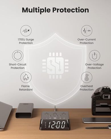 محطة شحن منبه رقمي مع شاشة LED، شاشة 5.3 بوصة، 4 منافذ USB و3 منافذ تيار متردد، واقي من زيادة التيار بقوة 1700 جول، شاشة قابلة لتعديل الضوء بأربعة مستويات، منبه مزدوج، قيلولة بعد الظهر، شريط طاقة منضدة in Kuwait