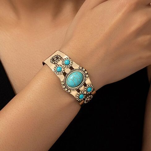 Turquoise Gold Cuff Bracelets for Women Western Style Boho Summer Jewelry Gift 2025 fall fashion jewelry womens fashion in Saudi Arabia