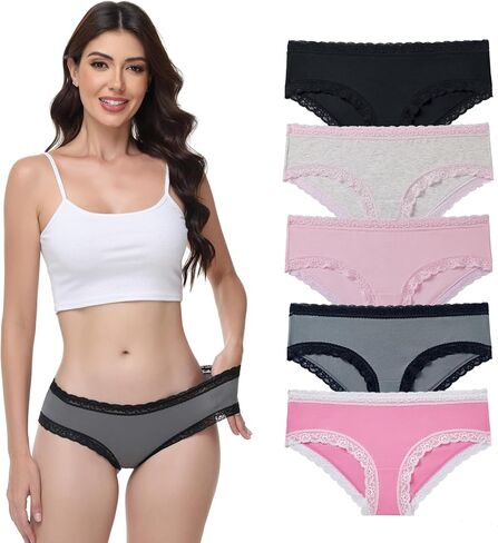 ملابس داخلية مريحة للنساء من Camelia ذات حواف دانتيل منخفضة الارتفاع، ملابس داخلية بدون خياطة للنساء (عبوة من 5 قطع) in Kuwait