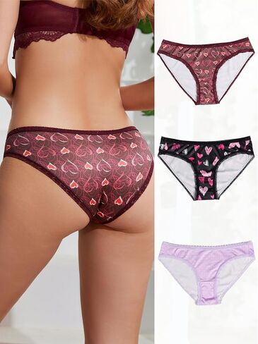 Women's Love Heart Print Bikini Panties, Lace Trim, 3 Pack, Black Red Blue in Saudi Arabia
