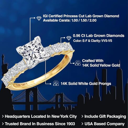 Gem Stone King 1-5 Ct IGI Certified Lab Grown Diamond In 2 Tone 14K White and Yellow Gold Engagement Ring For Women | Princess Cut | E-F Color | VS1-VS2 Clarity in Saudi Arabia
