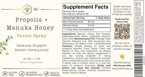 Propolis Throat Spray with Manuka Honey & Bee Propolis by Mel Honey, Soothing Throat Comfort, Immune Support, Gluten-Free, Alcohol-Free, Non-GMO, Keto, 1.01 fl oz in Saudi Arabia