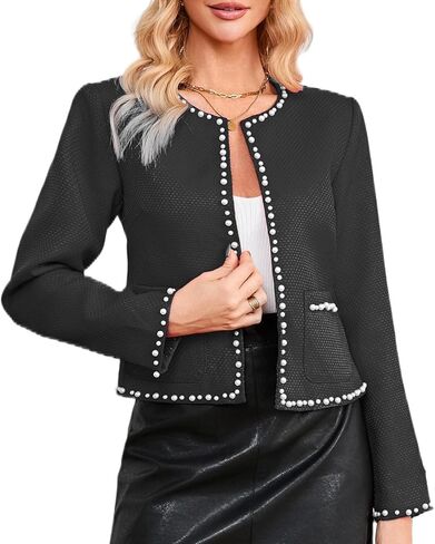 Women Cropped Tweed Blazer Jacket Long Sleeve Crewneck Open Front Pearl Trim Casual Fall Outfit with Pockets in Saudi Arabia